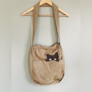 Pon Pon Cotton Beige Canvas Peeking Dog Cross Body Tote Shoulder Bag Purse